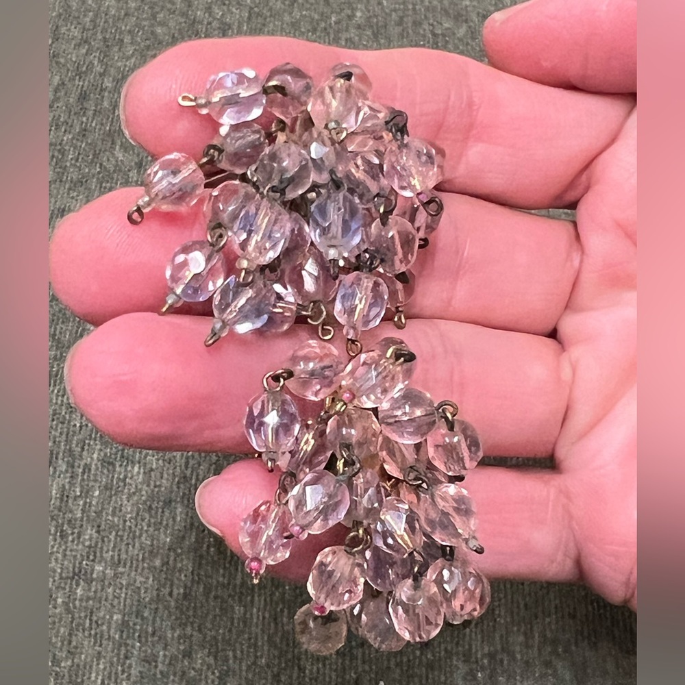 Vintage signed CASTLECLIFF Crystal Waterfall Pink Bead clip Earrings ad piece